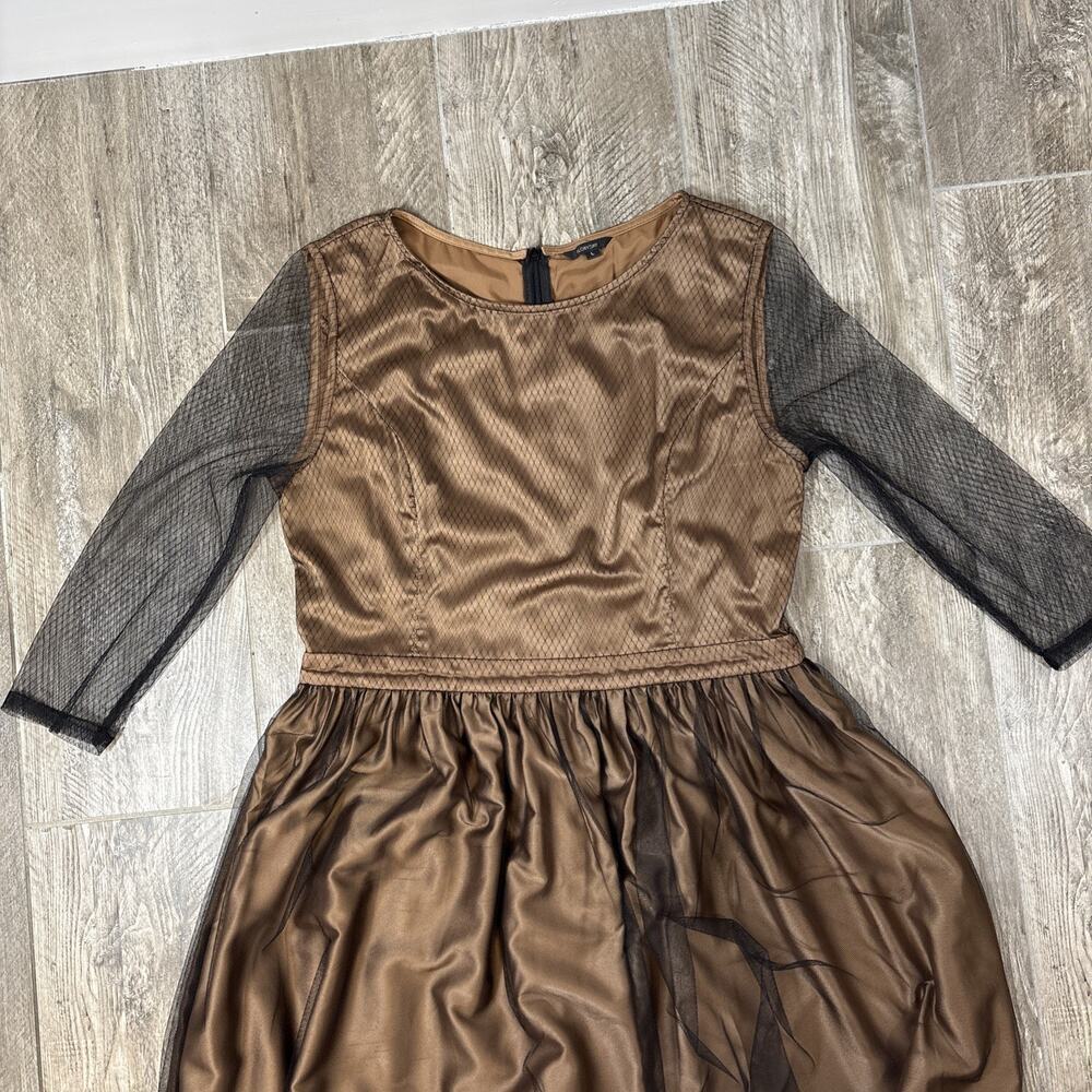 Bronze Satin Sheer Black Overlay Long Sleeve Formal Gown Whimsigoth Dark Boho M - Picture 10 of 12